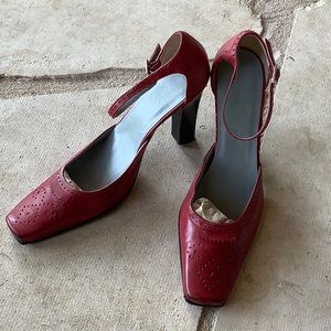 BCBG Paris Red Leather Ankle-Strap Block Heel Pumps